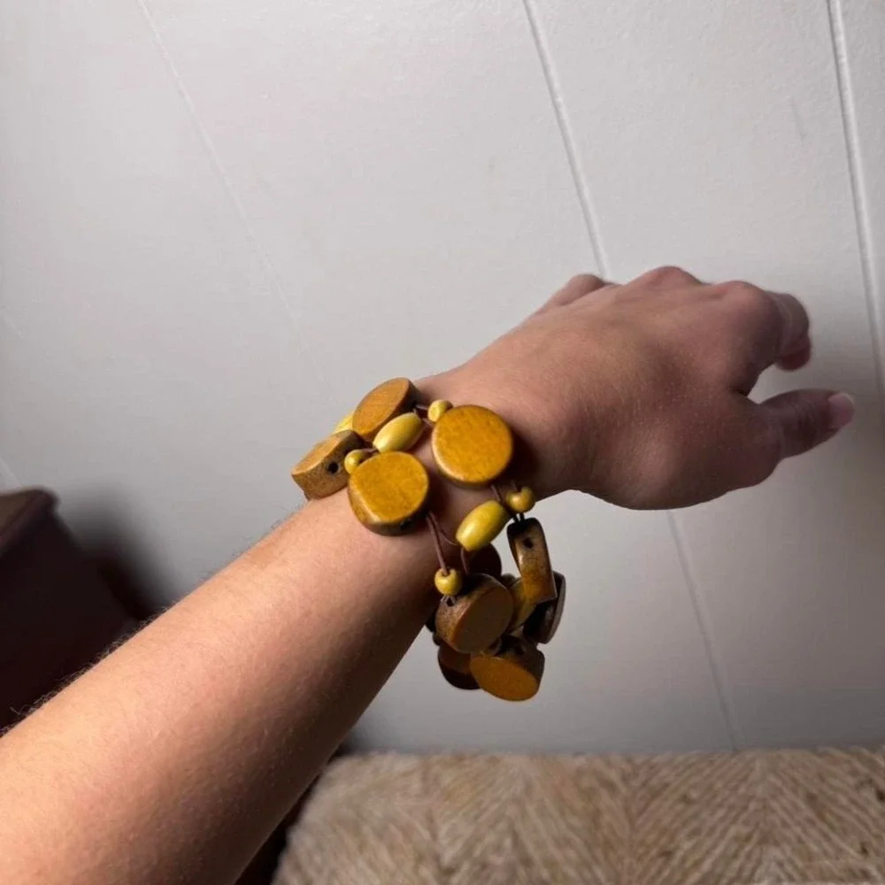 Boho Wooden Disc Stretch Bracelet Earthy Brown Olive Green Beaded Statement - Picture 8 of 8